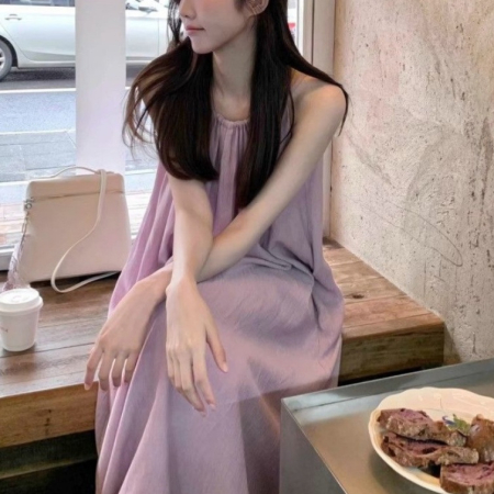 여성 민소매 비치웨어 롱 원피스 퍼플 홀터넥 나시
