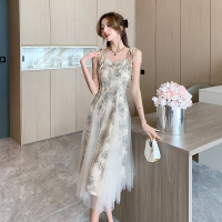 수묵 장미 나시 원피스 여 여름 2025 기품 디자인 프렌치 망사 미디스커트