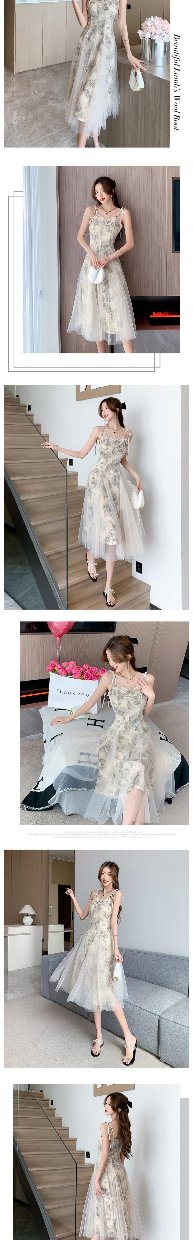 수묵 장미 나시 원피스 여 여름 2025 기품 디자인 프렌치 망사 미디스커트