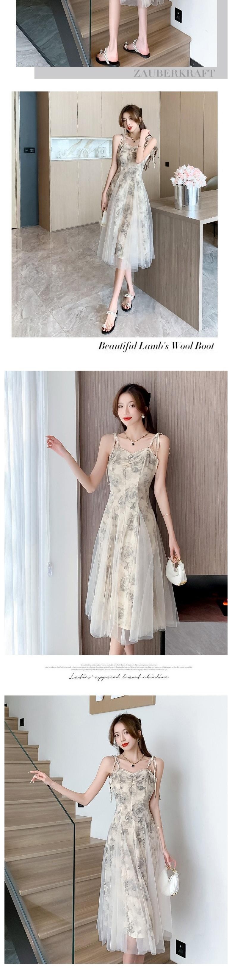 수묵 장미 나시 원피스 여 여름 2025 기품 디자인 프렌치 망사 미디스커트